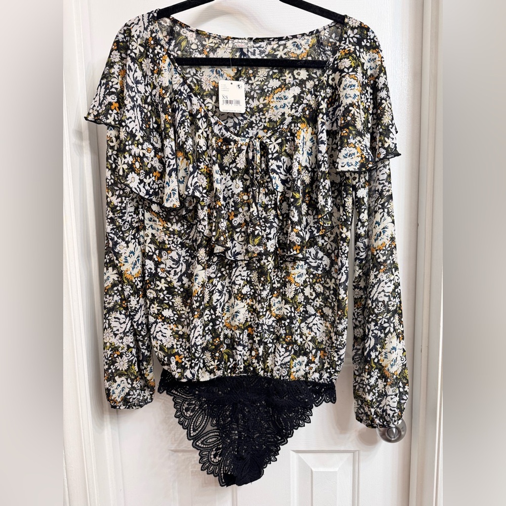 Free People Women’s Semi Sheer Multicolor Floral Bodysuit/Blouse, Size XS, NEW
